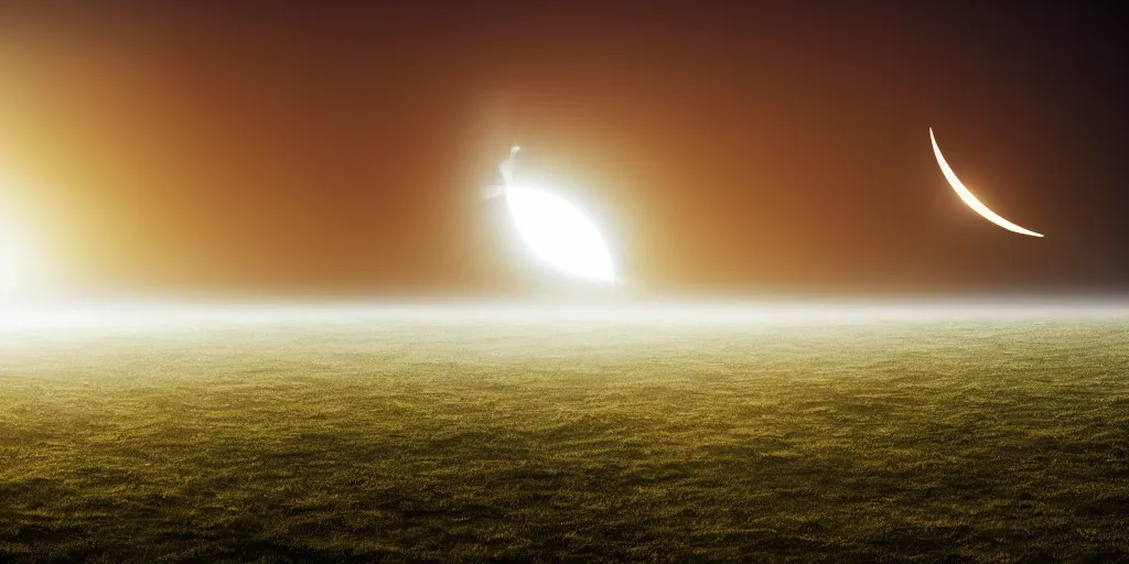 Image similar to solar eclipse, a triangular moon, sun rays, fog, photorealistic, calm environment