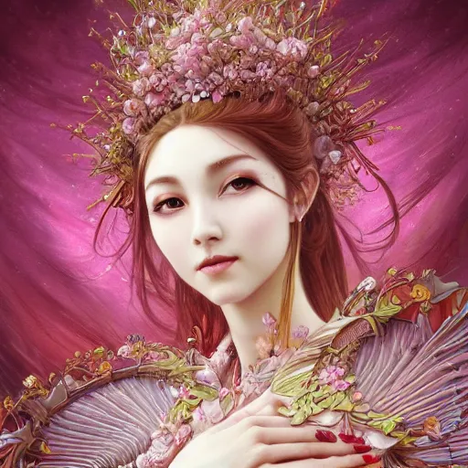 Prompt: a photograpic portrait of a anthropomorphic cherry - blossom queen spirit, fantasy, intricate, elegant, highly detailed, digital painting, artstation, concept art, smooth, sharp focus, illustration, art by artgerm and h r giger and alphonse mucha