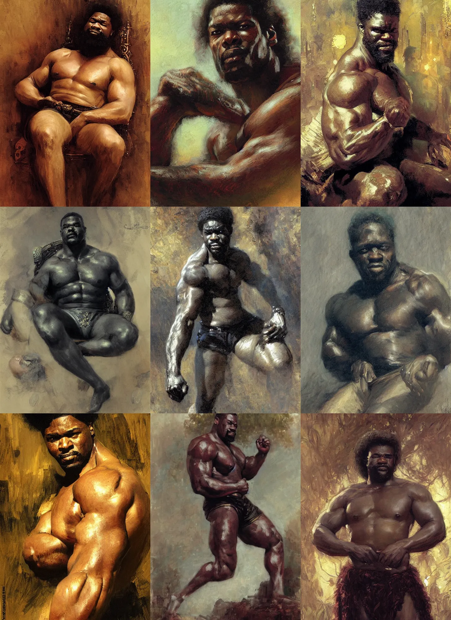 Prompt: a black renaissance strongman, relaxed after a hard day, fantasy character portrait by gaston bussiere, craig mullins
