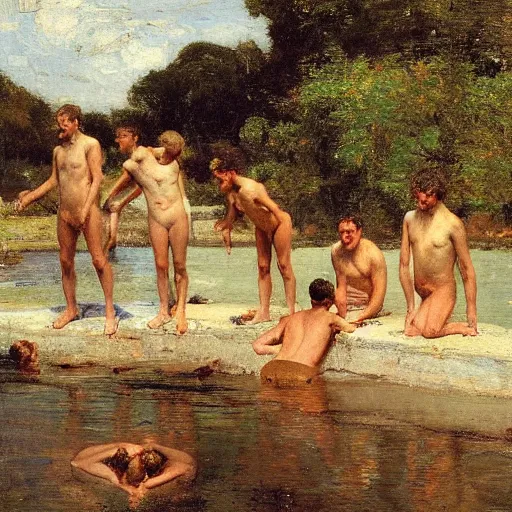 Image similar to oil painting by thomas eakins depicting a group of young men bathing at a swimming hole in rural england, 1 8 6 2, golden hour