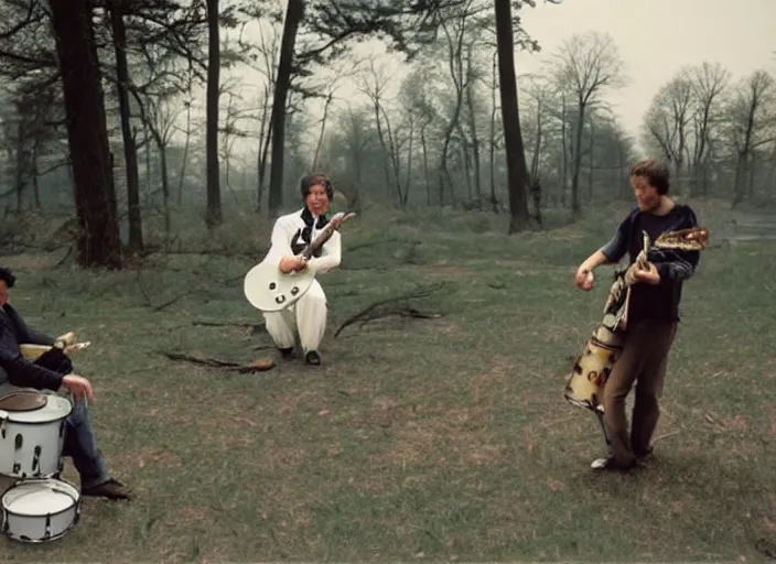 Image similar to a little water bear playing electric guitar while his friend plays the drums, Gregory Crewdson, Joel Sternfeld