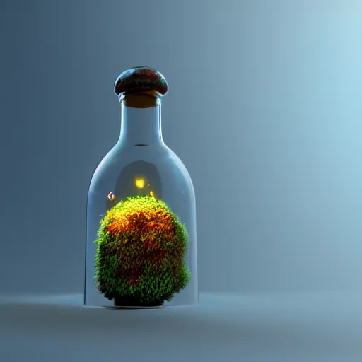 Prompt: a beautiful glass bottle with a psychedelic mushroom floating in it, octane, 3 d render, unreal engine 5,