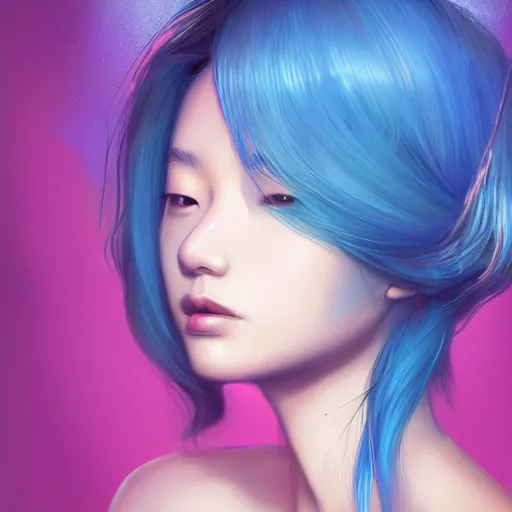 Prompt: a digital painting of hyoni kang in the rain with blue hair, cute - fine - face, pretty face, art by sim sa - jeong, cgsociety, synchromism, detailed painting, glowing neon, digital illustration, perfect face, extremely fine details, realistic shaded lighting, dynamic colorful background