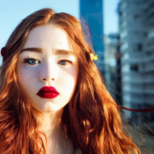 Image similar to close up half face portrait photograph of a live action anime princess with stars in her irises, deep red lipstick and freckles. Wavy long hair. she looks directly at the camera. Slightly open mouth, face covers half of the frame, with a building visible in the background. 135mm nikon. Intricate. Very detailed 8k. Sharp. Cinematic post-processing. Award winning portrait photography