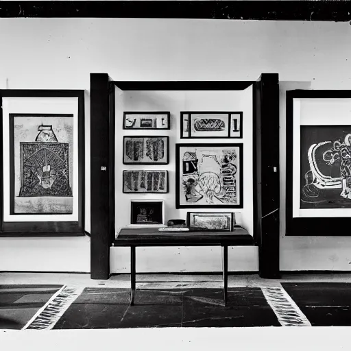 Image similar to A black and white screen print of gallery exhibition view from the 60s, anthropology, colonial, wild, exotic, artifacts, pedestal, ethnography, screen printing