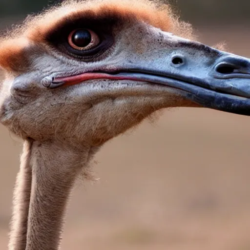 Image similar to ostrich with the head of a velociraptor, highly detailed photo