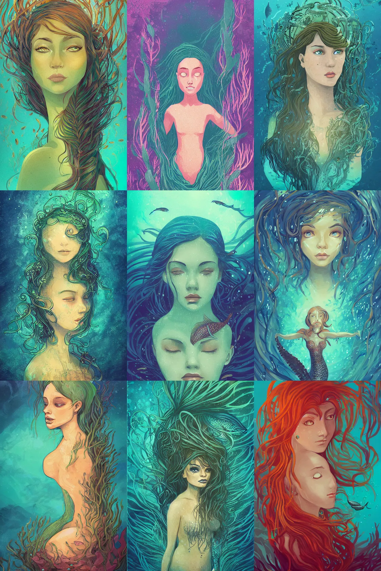 Prompt: head and shoulder portrait illustration of a mermaid under the sea, surrounded by thick kelp, many small tropical fish, art by Anato Finnstark