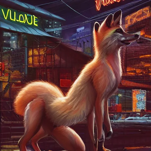 Prompt: furry anthropomorphic female vulpes vulpes fulva with white fur eating noodles by a noodle kiosk in the crowded street of a city, cyberpunk, rain, harsh neon lights, highly detailed, digital painting, trending on artstation, concept art, sharp focus, illustration, art by artgerm and greg rutkowski and magali villeneuve