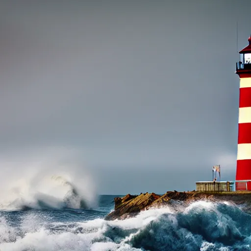 Prompt: Stormy sea waves crashing on a lighthouse in the early morning with a boat in the background, dramatic, in the style of Michal Karcz