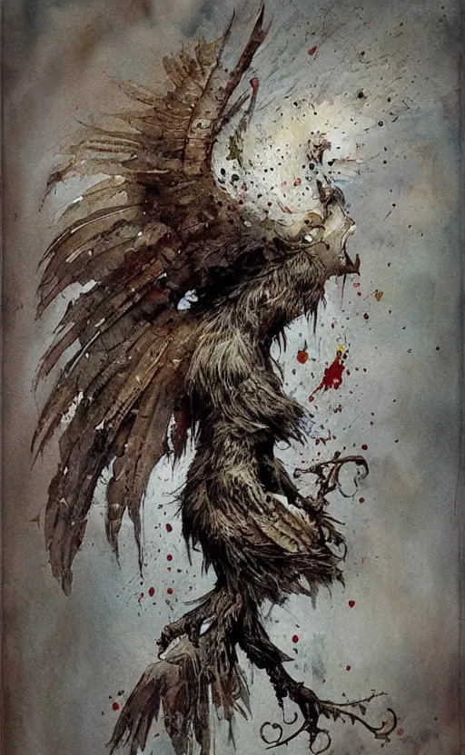 Image similar to detailed terrifying bird god by Jean-Baptiste Monge and frank frazetta , post processing, painterly, book illustration watercolor granular splatter dripping paper texture, ink outlines, painterly, trending on artstation, trending on pinterest childrens art