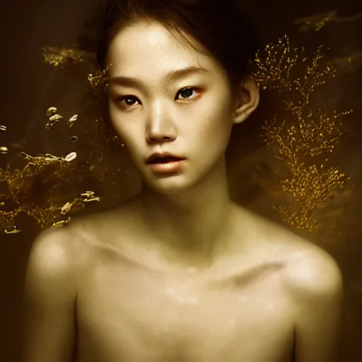 Prompt: A beautiful artistic underwater portrait by Zhang Jingna, volumetric lighting, golden light