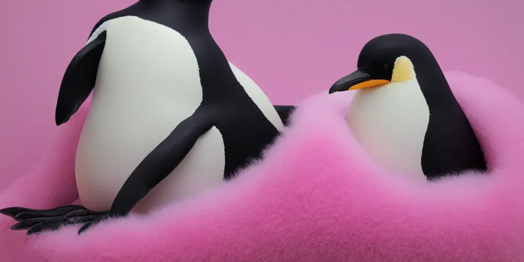 Image similar to realistic penguin sitting in a pink fluffy bed, hyper detailed, trending on artstation