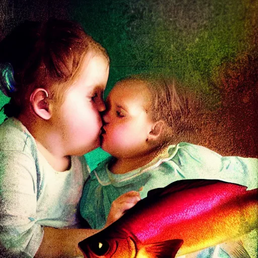 Image similar to the same style. the most beautiful little fat sweet girl is kissing a huge colorful cute fish. modern etching. colored print. hype realistic scene. old photography style. studio lighting. window. 3 d, octane render, deep focus