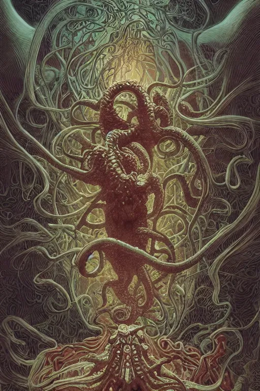 Prompt: cthulhu and a young chubby mexican man with curly hair, by artgerm and yoshitaka amano and moebius and hr giger and zdislaw beksinski and alphonse mucha, hyperdetailed, symmetry, glamour, surreal, dc comics, ornate, stunning, nebula, explosions in the sky, trending on artstation