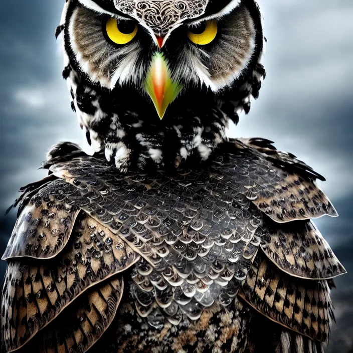 Image similar to full length photo of a warrior with owl themed armour, highly detailed, 4 k, hdr, smooth, sharp focus, high resolution, award - winning photo