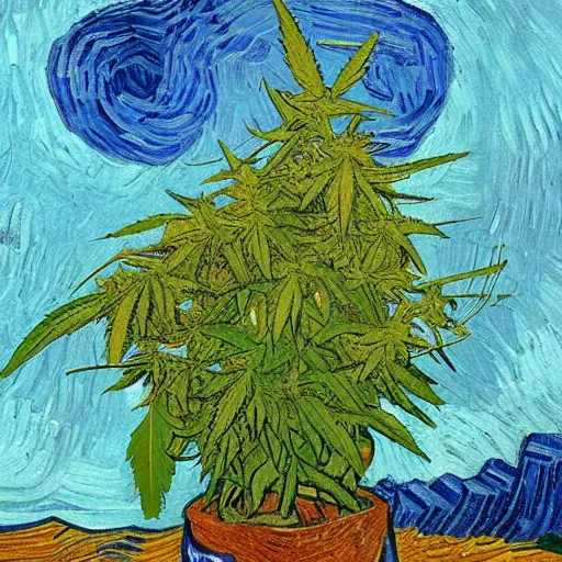 Image similar to jesus spreads his hands against the background of growing cannabis. an oil painting in the style of van gogh