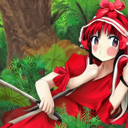 Image similar to a digital anime drawing of reimu in the jungle wearing bonnet