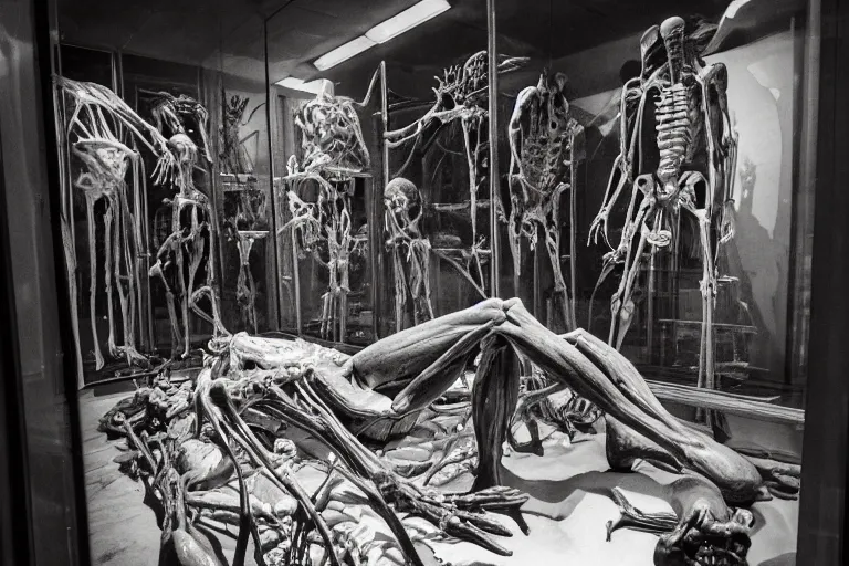 Image similar to inside a museum, a room where anatomical body parts are piece of arts by Rob Bottin at night, filth and grim, very detailed, ultra realistic photography, grainy image, close up 50mm lens Kodak 5219