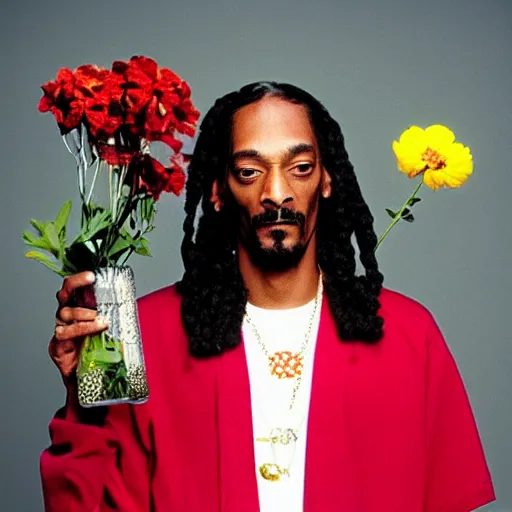 Image similar to Snoop Dogg holding a Vase of flowers for a 1990s sitcom tv show, epic lighting, Studio Photograph, portrait, C 12.0