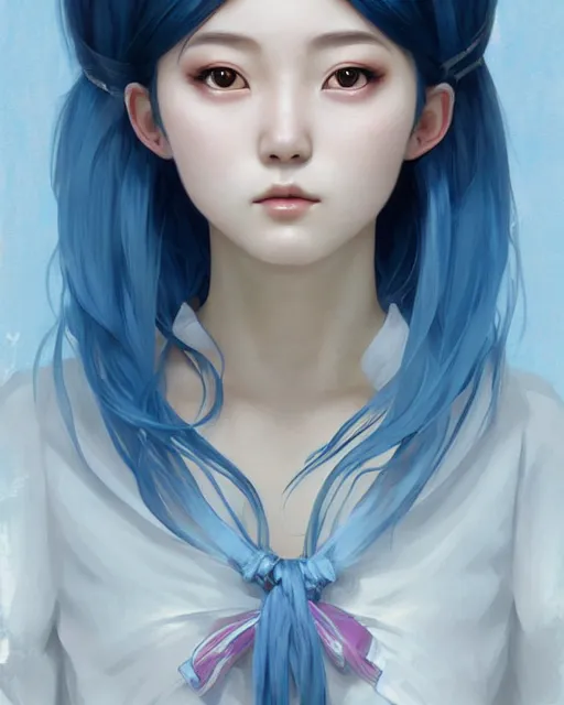 Image similar to symmetrical portrait of a pretty korean girl with blue hair dressed as a french maid digital painting, 8 k, concept art, art by wlop, artgerm, greg rutkowski and alphonse mucha