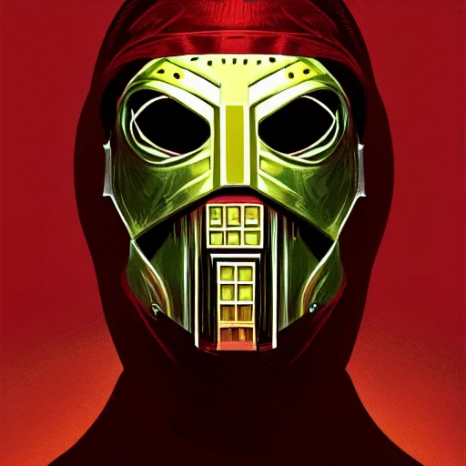 Prompt: portrait of mf doom, dr. doom metal steel mask, dark skin underneath. red t - shirt, beige complex background, intricate, elegant, highly detailed, digital painting, artstation, concept art, smooth, sharp focus, illustration, by anato finnstark, boissb - blanca. j, cindy avelino, clint cearley, anna podedworna