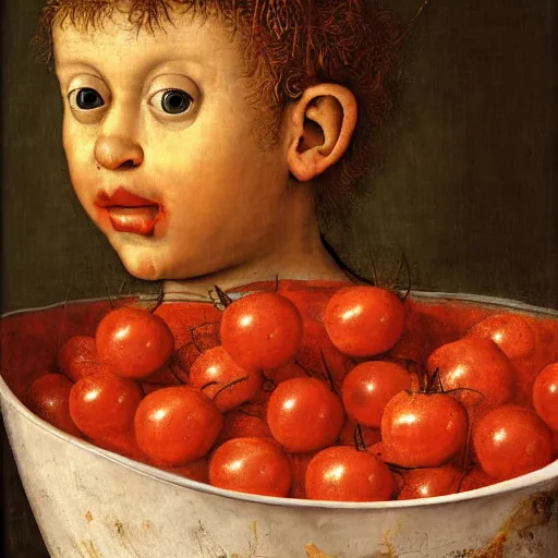 Image similar to a boy sitting in a tub full of tomato sauce, by giuseppe arcimboldo, renaissance, portrait, fruit, detailed oil paint, high definition