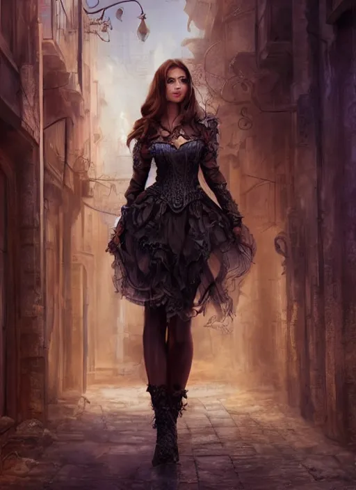 Image similar to a beauty woman walking on a dark city alley, full body, 8 k, hyperrealistic, hyperdetailed, fantasy portrait by laura sava
