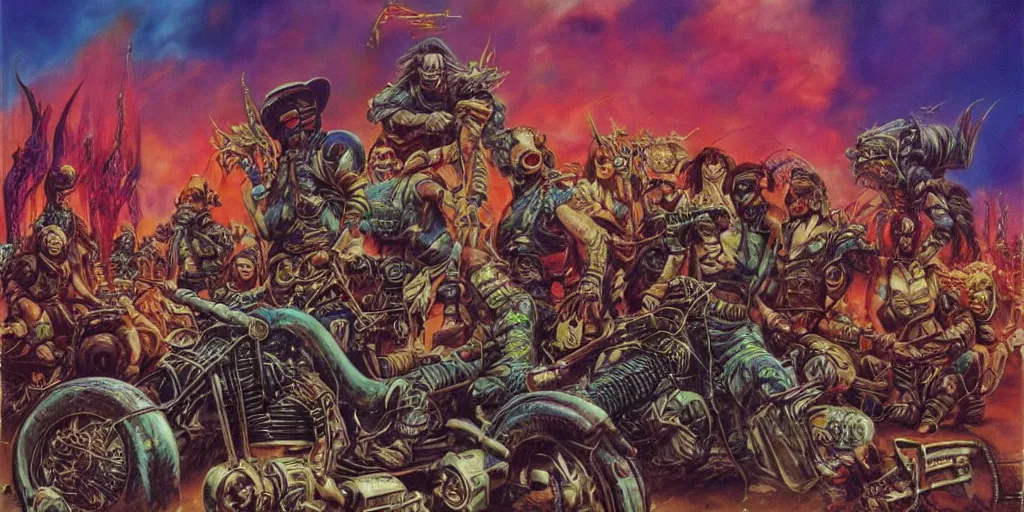 Image similar to members of a psychedelic post apocalyptic orcish biker gang, sharp focus, psychedelic colors, boris vallejo, michael whelan, 8 k, epic scifi fantasy art