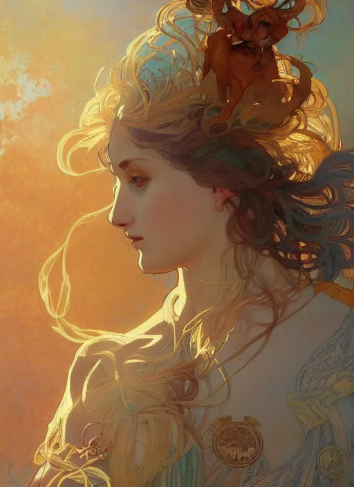 Image similar to beautiful illustration of a dog as a god with alphonse mucha and craig mullins, gorgeous, amazing, flowing hair, muscular, very muscular male body, in the style abigail larsonand and sam guay, rim light, beautiful lighting, 8 k, stunning scene, octane, trending on artstation