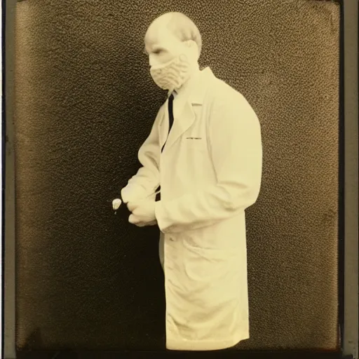 Image similar to a faceless man with a crystal rock as a head and face wearing a lab coat, vintage photography, realistic, 3 5 mm, polaroid, photograph