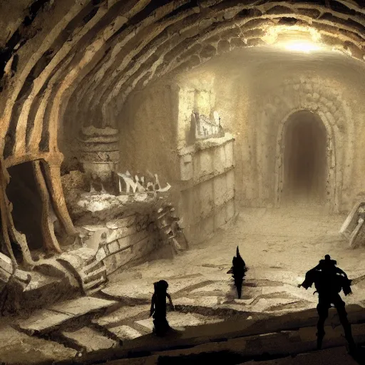 Image similar to a concept art of jail in a catacomb. a paladin knight lies dead in a wall bed with a surprised shapeshifter half man half rat. dungeon. volumetric lighting. rutowsky, craig mullins, d & d.