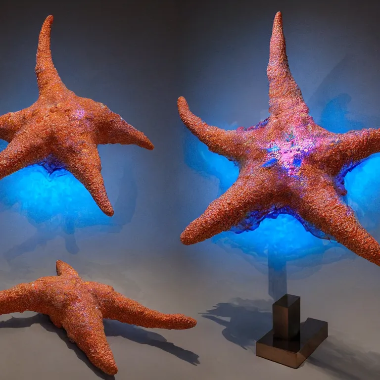 Prompt: hyperrealistic sculpture of a bronze ancient fossilized bulging starfish dusted with opalescent blue and iridescent red spraypaint in a nylon grid cage on a pedestal by ron mueck and duane hanson and lee bontecou, hyperrealistic dramatic colored lighting trending on artstation 8 k