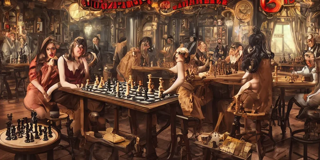 Image similar to Women playing chess at the steampunk pub, Quentin Tarantino movie posters, smoking cigarettes, Darek Zabrocki, Karlkka, Jayison Devadas, Phuoc Quan, trending on Artstation, 8K, ultra wide angle, pincushion lens effect.