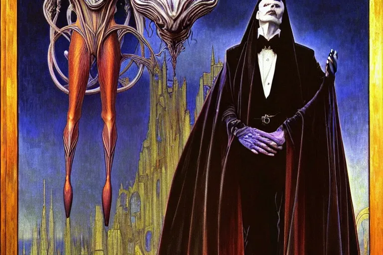 Image similar to realistic extremely detailed portrait painting of an elegantly creepy vampire man in a cape, futuristic sci-fi castle on background by Jean Delville, Amano, Yves Tanguy, Alphonse Mucha, Ernst Haeckel, Edward Robert Hughes, Roger Dean, rich moody colours, blue eyes