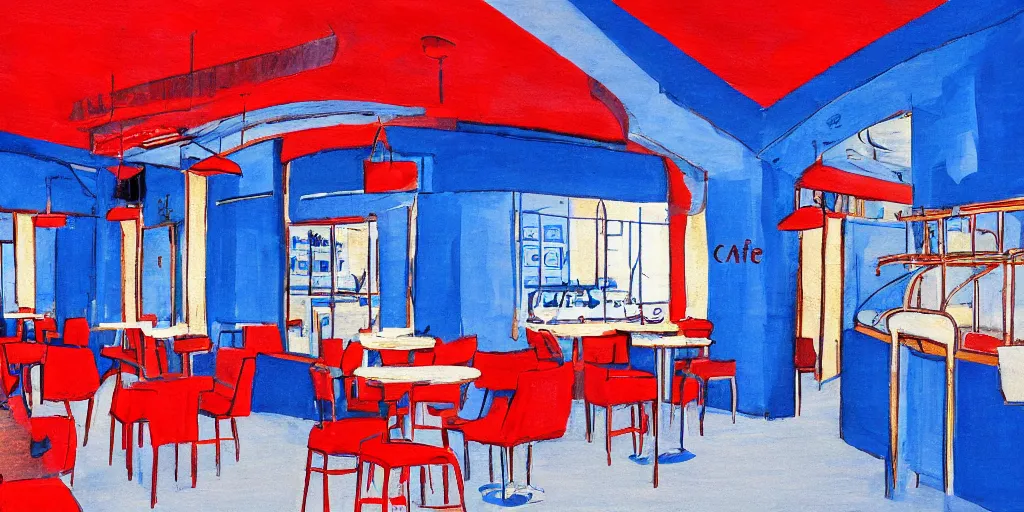 Prompt: cafe interior, blue and red tones, illustration