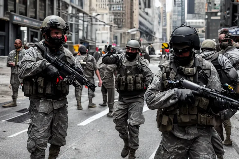 Prompt: Mercenary Special Forces soldiers in grey uniforms with black armored vest and helmets in urban warfare in New York 2022, Canon EOS R3, f/1.4, ISO 200, 1/160s, 8K, RAW, unedited, symmetrical balance, in-frame, combat photography