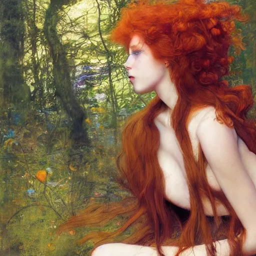 Prompt: beautiful female cyborg with auburn hair, lounging in the Marian forest at dusk, by Edgar Maxence and Ross Tran and Michael Whelan and Gustav Klimpt