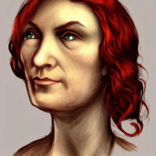 Prompt: head portrait, full faced, 40 years old women, dark red hair, green eyes, in beige historic clothing, high detail, digital art, medieval fantasy