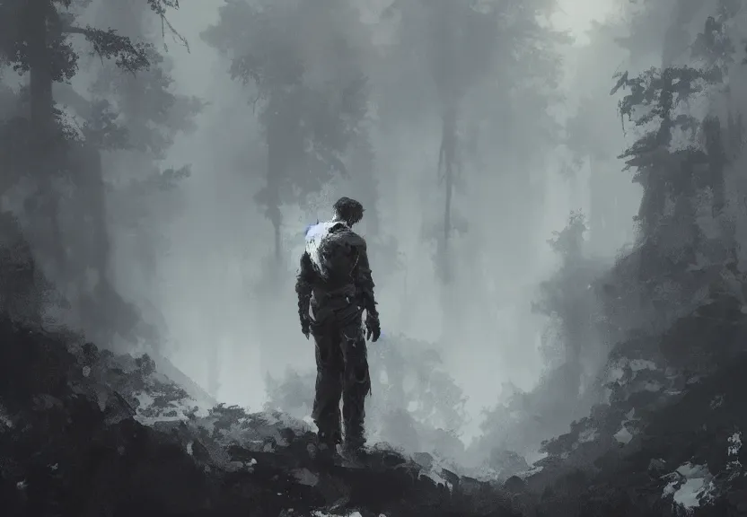 Prompt: painting of the figure of a man in an adventurous scenery, high contrast, concept art, forest, dramatic lighting, digital art, 8 k, extremely detailed, drawn by ruan jia