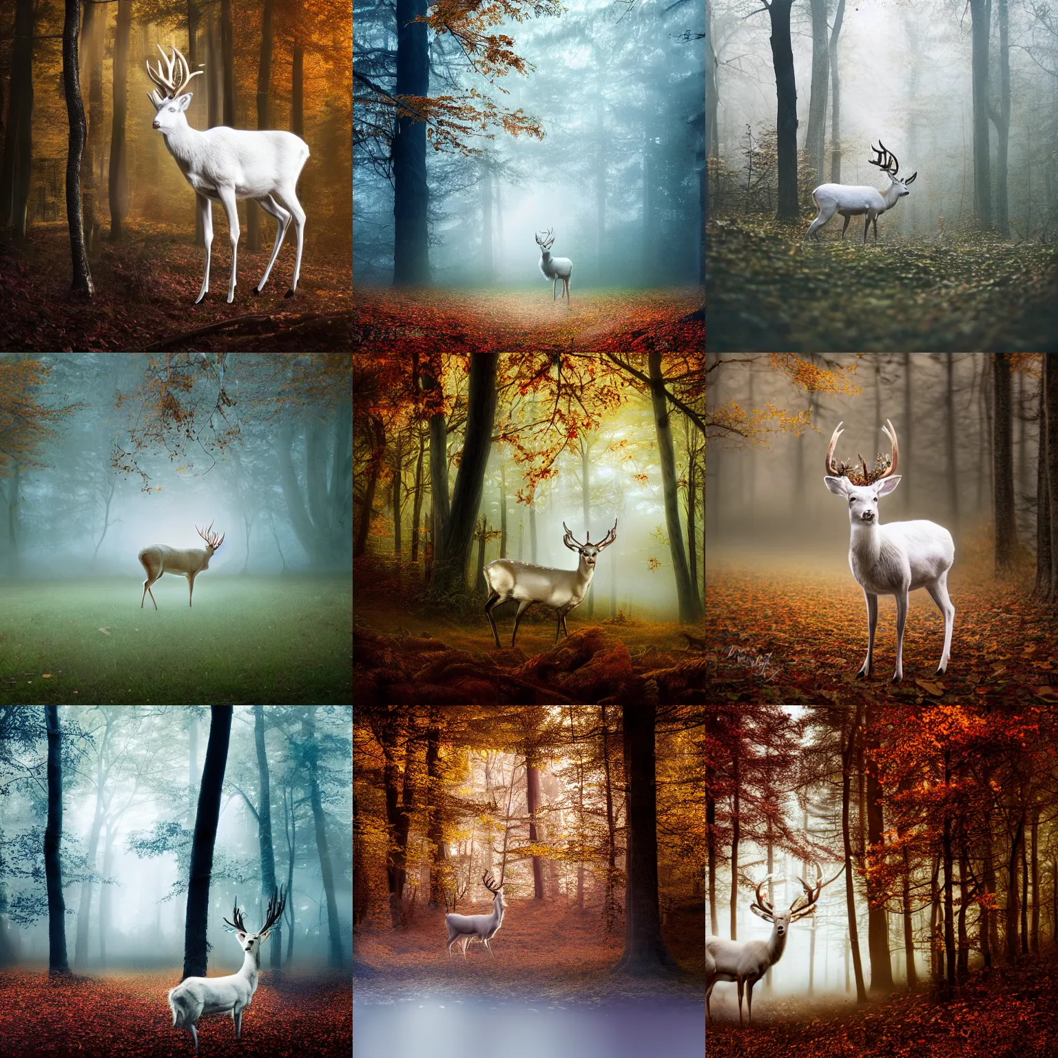 Prompt: a beautiful illustration of a white deer with antler, in a forest, autumn, volumetric light, depth of field, fantasy, morning light, mist, dreamy atmosphere, cinematic shot, high definition, detailed, tim burton