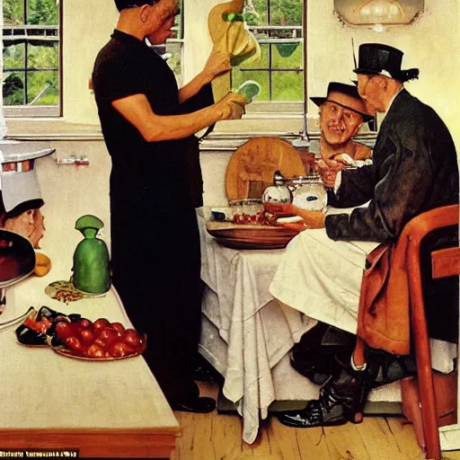 Image similar to a thin man wearing a hat entertains jesus christ with a magic trick in the kitchen, painted by norman rockwell and tom lovell and frank schoonover