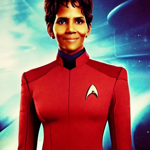 Image similar to a beautiful full body photograph of halle berry as a star fleet admiral from star trek next generation, full dress uniform, symmetrical face, extreme realism and detail, 8 k, completely framed, direct lighting, 3 5 mm photo, photorealistic, sharp focus