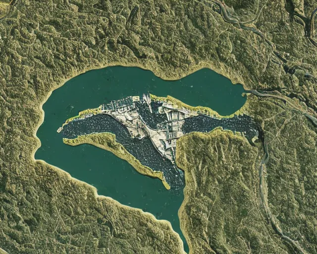 Image similar to satellite view of a town shaped like an alligator