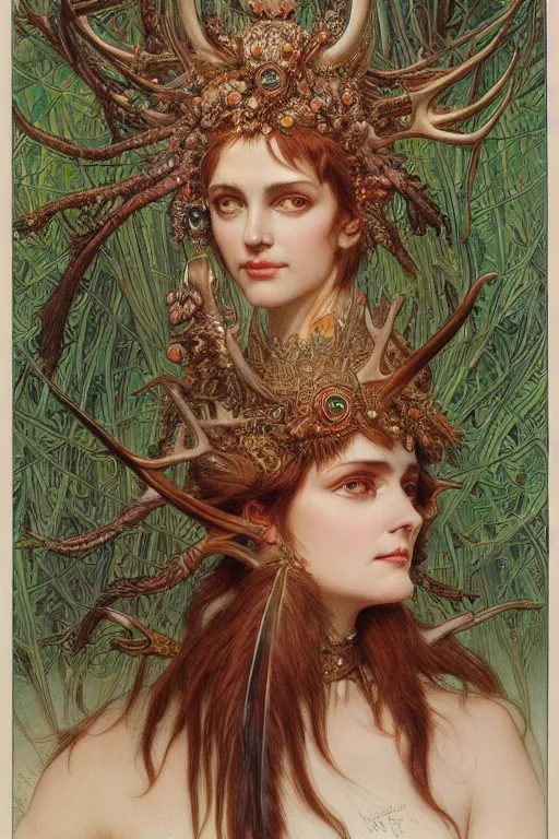 Image similar to a detailed portrait of a green haired brown eyed queen of feathers with an antler crown by wayne barlowe and mucha