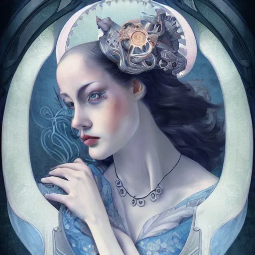 Prompt: an art nouveau, ( dieselpunk ), multi - racial portrait in the style of anna dittmann and charlie bowater and chanthara. very large, clear, expressive, and intelligent eyes. centered, ultrasharp focus, dramatic lighting, photorealistic digital matte painting, intricate symmetrical ultra detailed background.