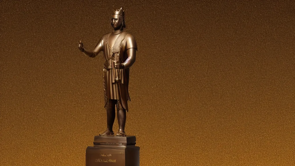 Prompt: a Bronze Statue of a king on a golden gradient background.