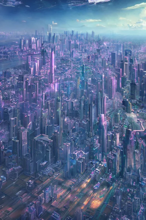 Image similar to city reflected in the sky, hyper real, 8k, colorful, 3D cinematic volumetric light, atmospheric light, studio ghibli inspired, fantasy LUT, high contrast, epic composition, sci-fi, dreamlike, surreal, angelic, by Moebius,