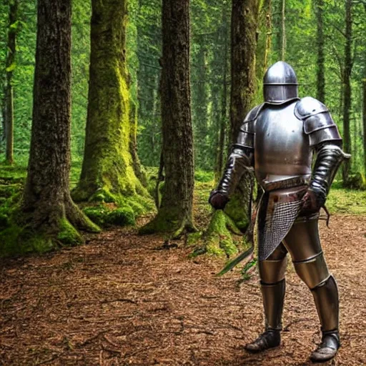 Prompt: medieval knight wearing armor in forest