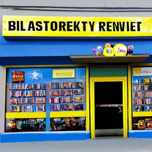 Image similar to claymation, blockbuster movie rental store
