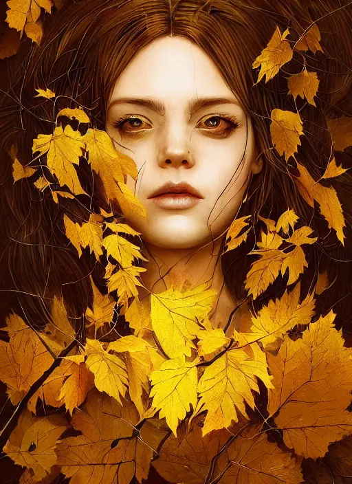 Prompt: golden leaves at frame border, creative!!! composition for a book cover!!!, absurdly beautiful, ultrafine hyperrealistic detailed old witch face by wlop and artgerm and greg rutkowski, intricate linework, sharp focus, smooth, octopath traveler, final fantasy, unreal engine, dramatic lighting, ethereal, 8 k